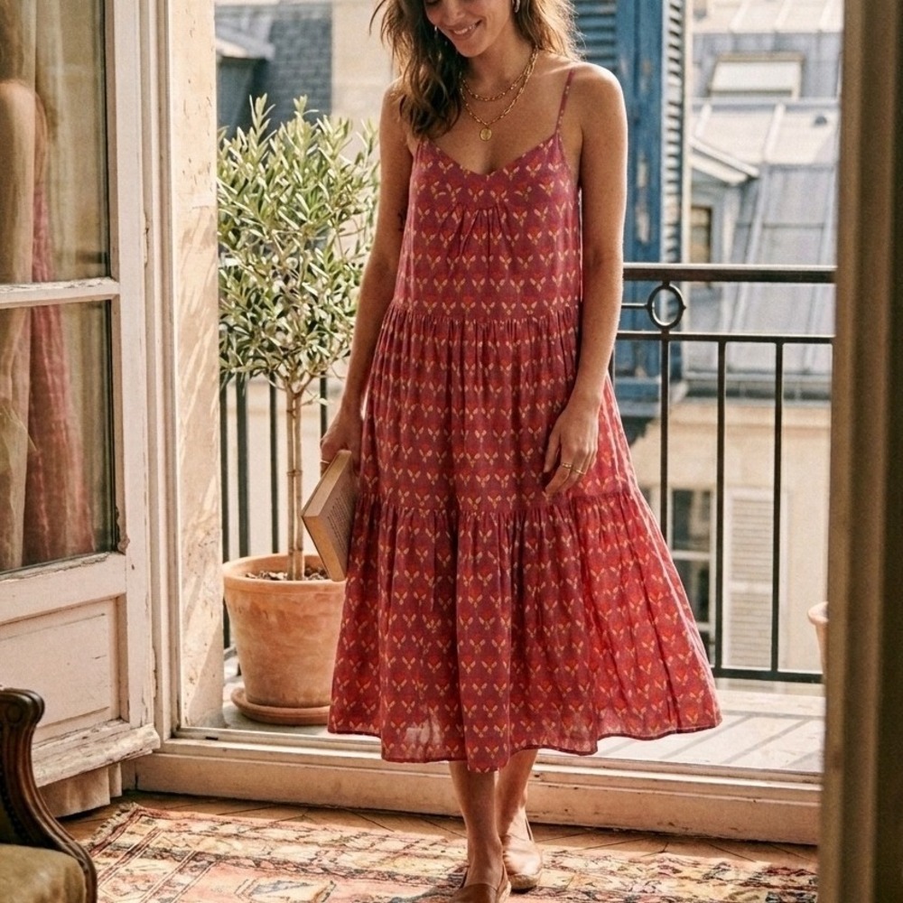 SZ Blockprints Midi Dress Small Pink Floral Tiered Cotton Tuckernuck